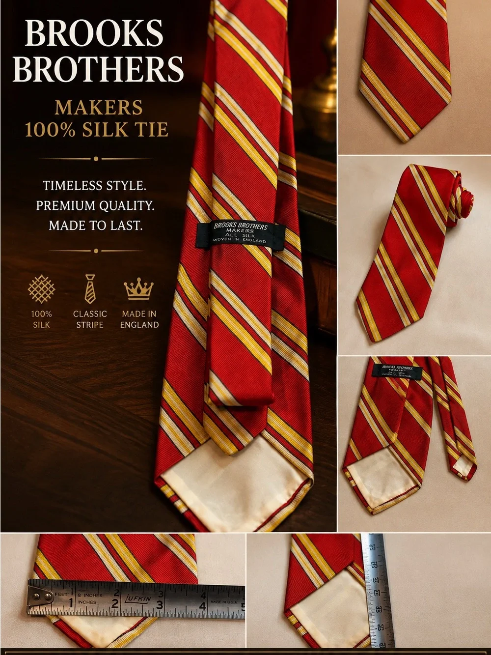 Brooks Brothers Red Silk Tie with Yellow Stripe Accent